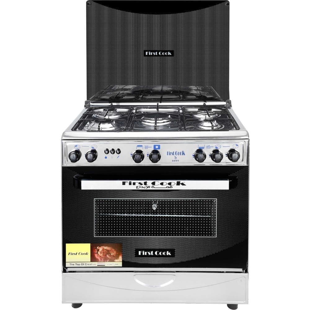 فيرست كوك | بوتجاز ستانلس ستيل كامل، 5 شعلة، اشعال ذاتي، 80×60 سم - فضي اسود